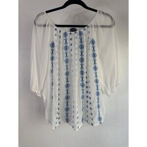 INC International Concepts White See Through Blue Embroidered Blouse Size 10